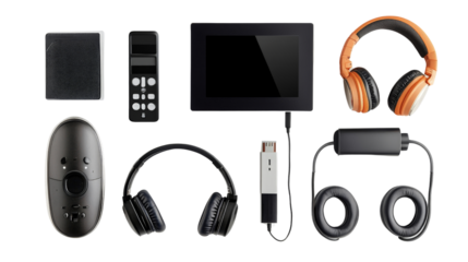 Small electronics, remote, headphones, and charger, Transparent background, PNG file