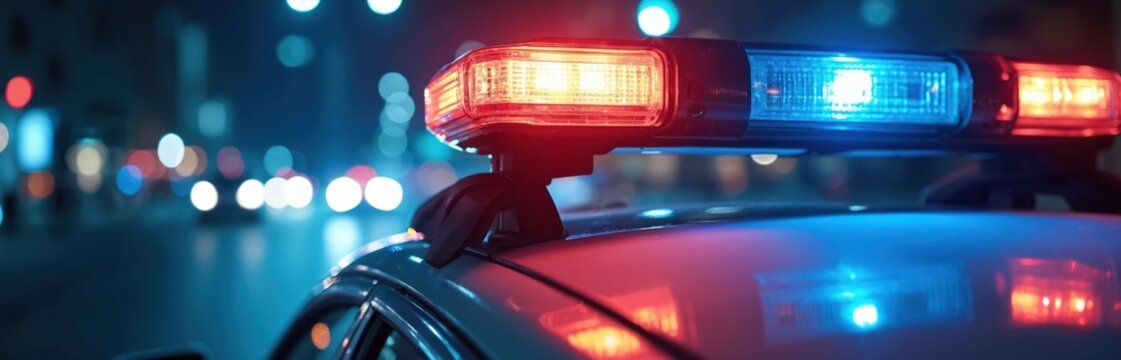 Police car with flashing emergency lights at night. Red and blue flasher lights on top of vehicle on blurred background. Symbolizes crime scene rescue service.