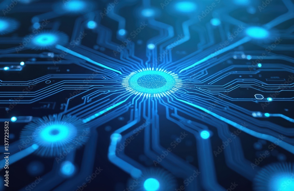 Aufkleber futuristic glowing blue circuit board featuring interconnected nodes, connections. digital tech illu