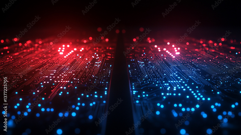 Poster a technology background featuring two parallel paths in a red and blue color scheme, symbolizing the