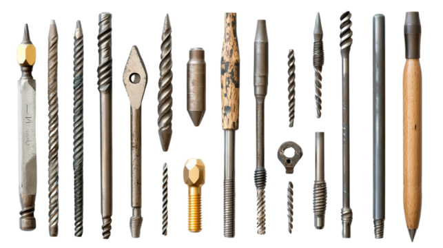 Variety of drill bits, masonry, wood, and metal, Transparent background, PNG file,