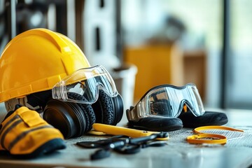 Construction safety gear displayed on a work surface. Safety helmet, eye protection, ear protection, and work shoes are visible, along with assorted tools