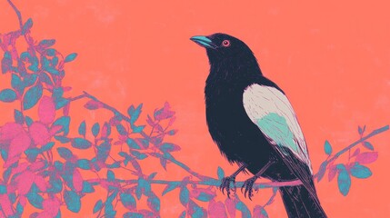 Colorful magpie on abstract branch with vibrant background