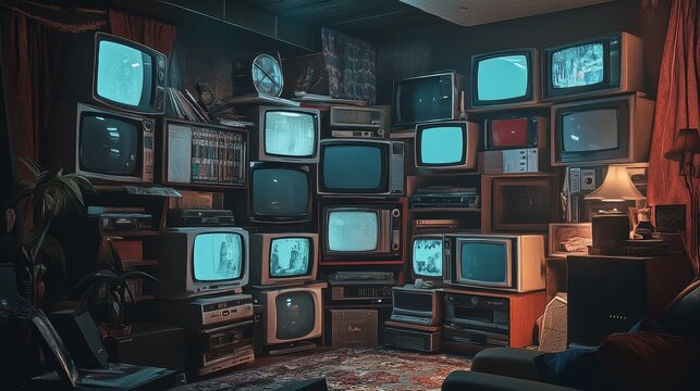 Retro tv stack in vintage room with blue screens at night
