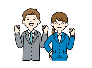 笑顔でガッツポーズをする、若い男女の会社員のベクターイラスト素材＿＿線の編集可能＿カラー