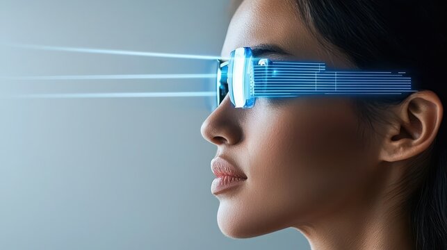 Futuristic Female Model with Augmented Reality Glasses Showcasing Advanced AI Computation and Language Processing Capabilities