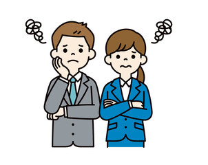 ぐるぐると悩む、若い男女の会社員のベクターイラスト素材＿＿線の編集可能＿カラー