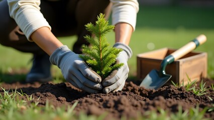 Hands Planting a Young Tree for Earth Day, Environmental Conservation and Sustainability