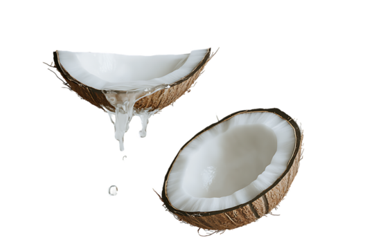 Dripping Coconut Water: Two Halves, Isolated on White