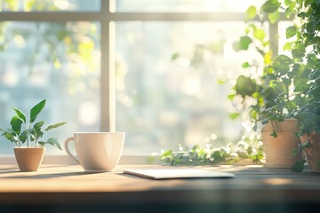 Bright morning workspace with plants and a cup of coffee