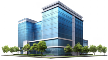 Modern Glass Office Building with Lush Green Landscaping