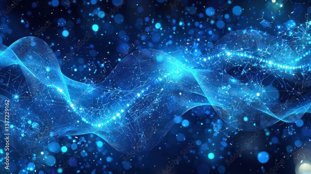 Fototapete Abstract Blue Wave with Glowing Particles and Data Flow Representing Language and AI Computation Concepts