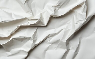 Obraz premium Close-up view of crumpled white paper texture. The image shows various folds and creases, creating a textured surface with light and shadow variations. The overall tone is muted, with subtle