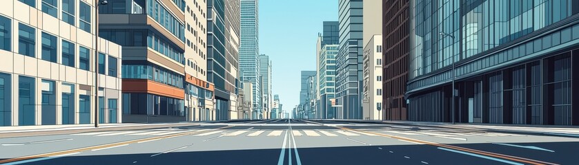 Fototapeta premium A panoramic view of a modern city with empty streets and towering skyscrapers.