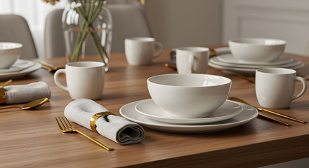 Fototapeta premium Minimalist Modern Table Setting with Cream Dinnerware and Gold Flatware