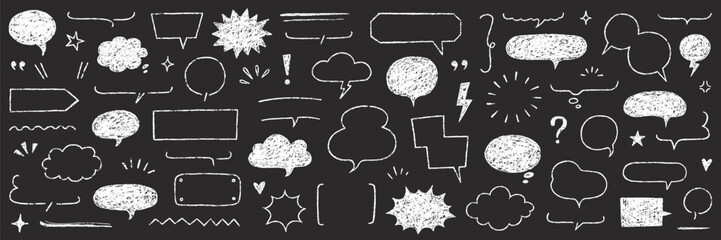 Speech bubble text frame dialog cloud hand drawn set. Crayon chalk doodle talk speech bubble frame. Hand drawn line chalk frame, think balloon, children doodle text cloud icon. Vector illustration.