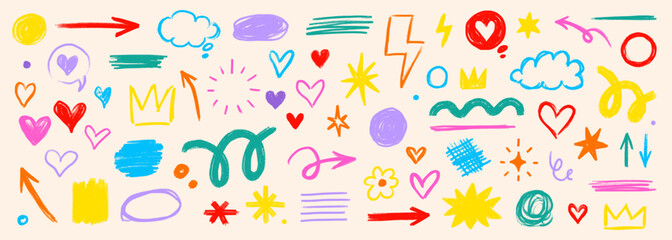 Line kid pencil color brush hand drawn chalk vector element set. Texture brush chalk stroke kid heart, star, arrow element hand drawn sketch scribble. Crayon pencil style. Vector illustration
