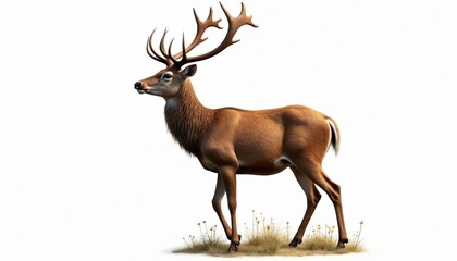 Fototapeta premium Majestic deer illustration isolated on white background. Stag, antlered mammal with brown fur, fauna. Concept art perfect for wildlife, hunting, nature, outdoors themes. Generative AI.