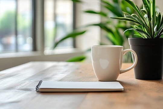 Cozy workspace with a cup of coffee and notepad.  A simple and serene home office setup, featuring a white mug with a heart design, a blank notepad, and a touch of greenery