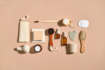 Natural Bath and Spa Accessories Arranged on Neutral Background