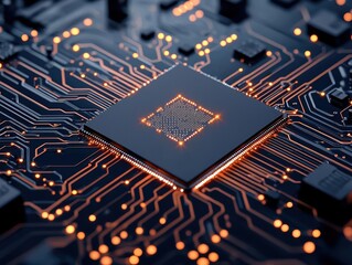 Sleek, minimalist microchip with subtle glowing circuits representing AI processing