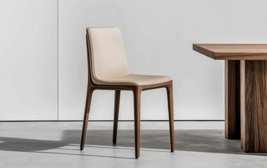 Beige leather chair with wooden legs, next to a rustic wooden table against a white wall. Modern minimalist interior design