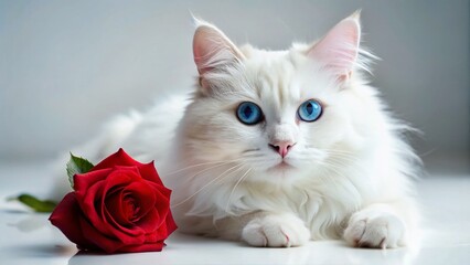 Graceful White Fluffy Cat with Red Rose - High-Resolution Stock Photo