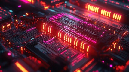 Obraz premium Futuristic Abstract Technology Background with Neon Lights, Circuit Board, and Digital Patterns in a Computational Environment