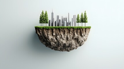 3D rendered image depicting an earth cross section with lush grass and young trees on the upper layer sedimentary rock structures beneath and a futuristic industrial city in the distance