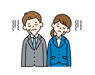 落ち込んで悲しむ、若い男女の会社員のベクターイラスト素材＿＿線の編集可能＿カラー