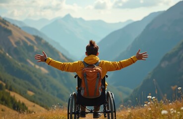 Person wheelchair enjoying scenic mountain view. Man with open arms celebrates life adventure freedom, explores wilderness. Peaceful moment in nature, empowering, uplifting scene.