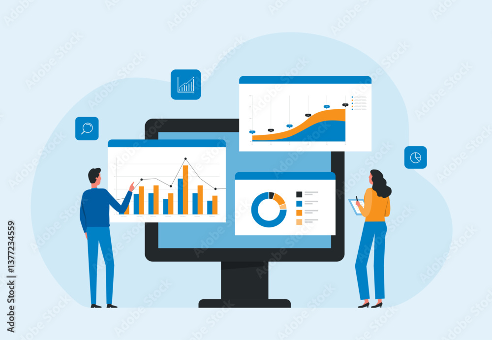 Aufkleber business data analytics design. people marketing team working. business finance investment concept. report graph dashboard infomation. flat vector illustration.
