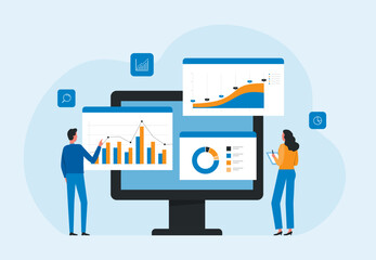 business data analytics design. people marketing team working. business finance investment concept. report graph dashboard infomation. flat vector illustration.

