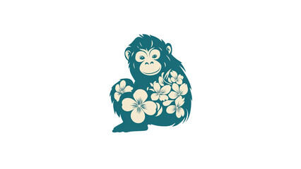 Obraz premium Teal Monkey with Floral Design on Dark Background