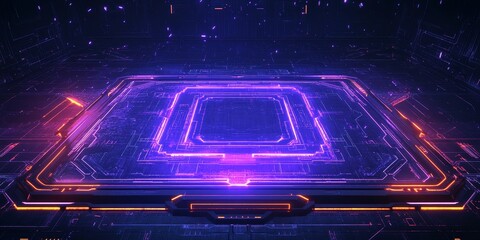Futuristic neon cybernetic interface with purple and orange glowing circuitry