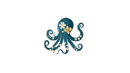 Ornate Floral Octopus Teal and White Underwater Creature Illustration