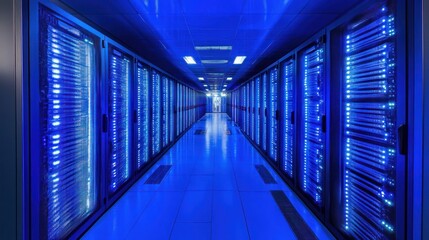 Fototapeta premium Data center server room corridor, glowing
