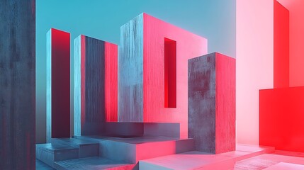 Abstract Architectural Forms Illuminated With Red and Blue Lighting