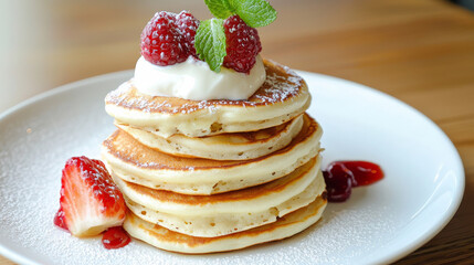 Delicious pancakes stacked high, topped with fresh raspberries, whipped cream, and drizzle of strawberry sauce, creating delightful breakfast