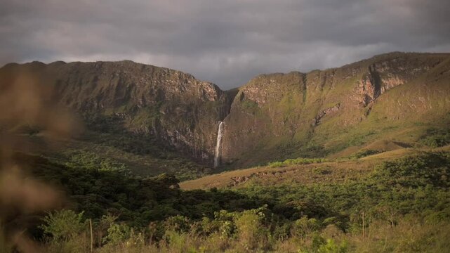 Majestic view of the Serra da Canastra in Minas Gerais, Brazil with a waterfall
