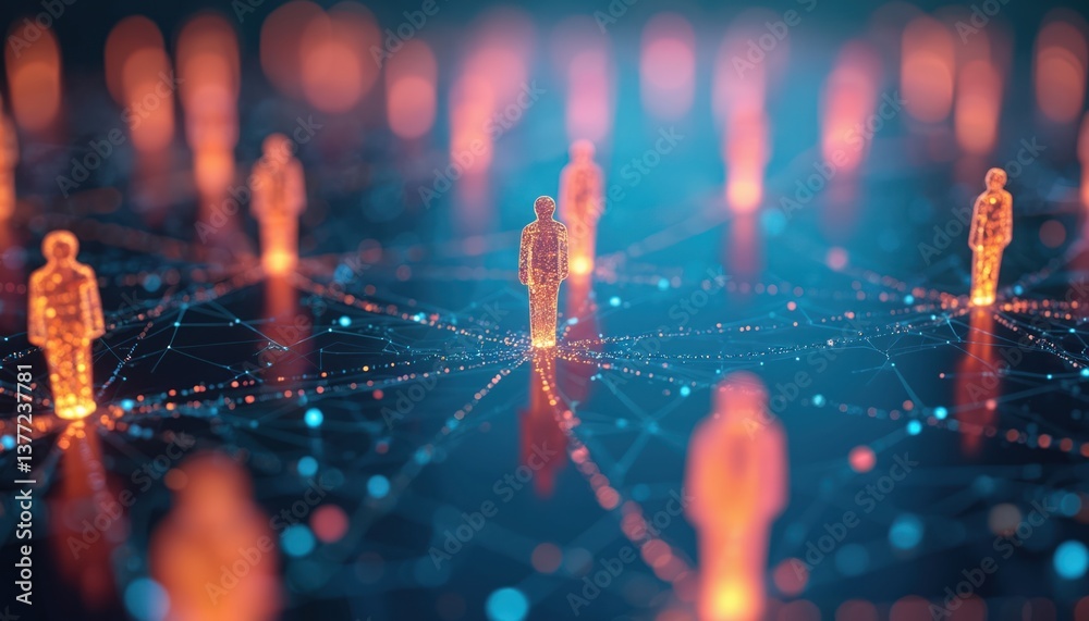 Poster abstract image, glowing human figures connected lines represent social network, communication concep