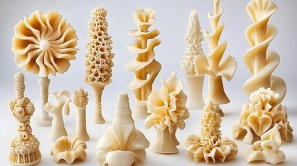 Collection of Off White 3D Printed Sculptures with Organic Shapes and Intricate Details on White Background