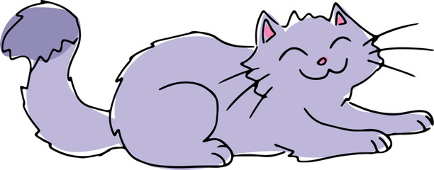 happy shaggy smiling cat pale gray blue color with fluffy tail lies on stomach stretching out its paws, hand drawing with black curved lines