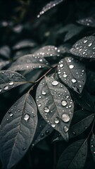 Raindrops, like glistening dew, cling to the wet leaf, a macro closeup showcasing nature's spring droplets on the plant
