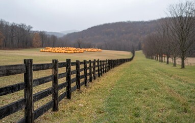 Autumnal landscape featuring a weathered wooden fence extending through a grassy field towards a hillside with hay bales. Overcast sky