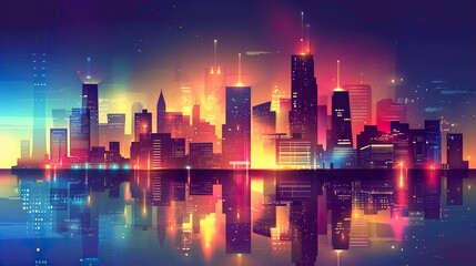 A city skyline at night, illuminated by glowing lights and reflections 