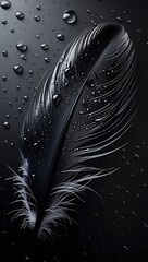 An elegant macro of a single dark feather with glistening water droplets on a sleek black background.