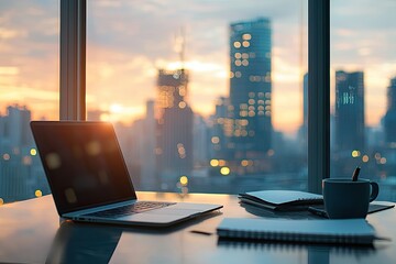 Modern workspace with laptop, notepad, and coffee cup overlooking a city skyline at sunrise