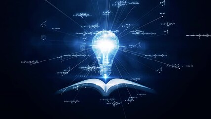 A glowing lightbulb emerges from an open book, symbolizing knowledge, intelligence, and innovation. Mathematical equations and digital graphics spread across a futuristic blue background. - Powered by Adobe