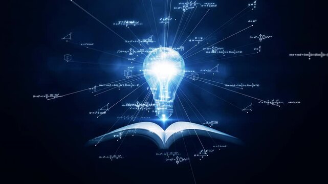 A glowing lightbulb emerges from an open book, symbolizing knowledge, intelligence, and innovation. Mathematical equations and digital graphics spread across a futuristic blue background. - Powered by Adobe